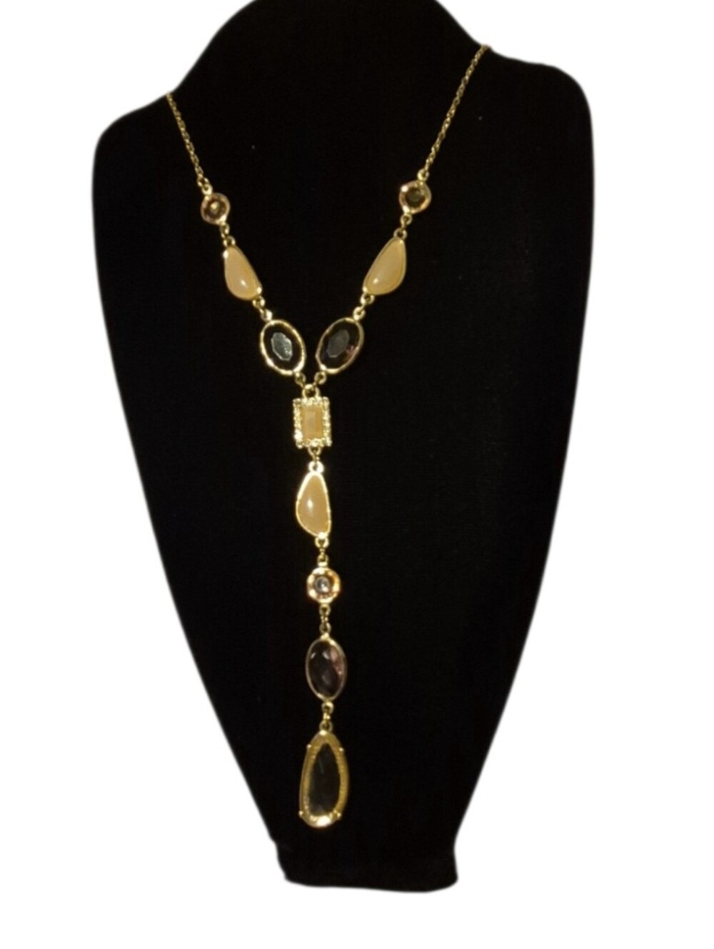 Time An Tru Gold-Tone Y Drop Necklace with Amber and Smoky Teardrop Stones